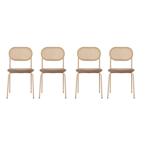 Lot de 4 chaises de salle à manger modernes avec coussins ovales en polyuréthane et dossier en rotin - Simples - Avec quatre pieds en métal - Rembourrées - Pour salon et chambre à coucher - Marron
