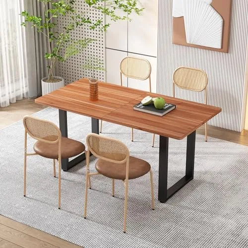 Lot de 4 chaises de salle à manger modernes avec coussins ovales en polyuréthane et dossier en rotin - Simples - Avec quatre pieds en métal - Rembourrées - Pour salon et chambre à coucher - Marron