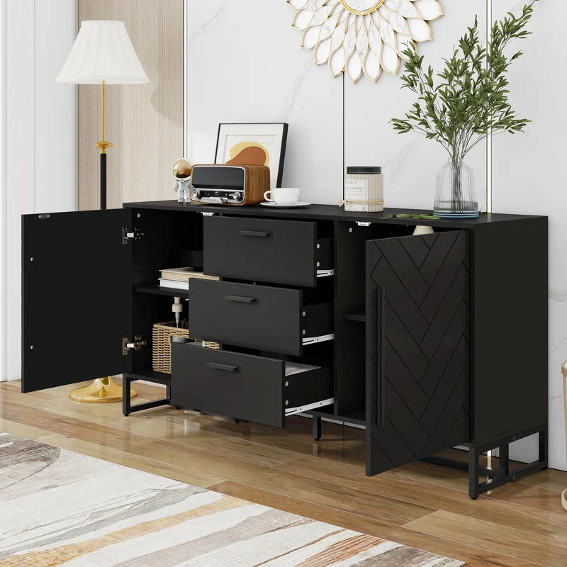 Zepneiy Buffet élégant avec 2 Portes et 3 tiroirs pour Salle à Manger, Cuisine et Salon, Noir