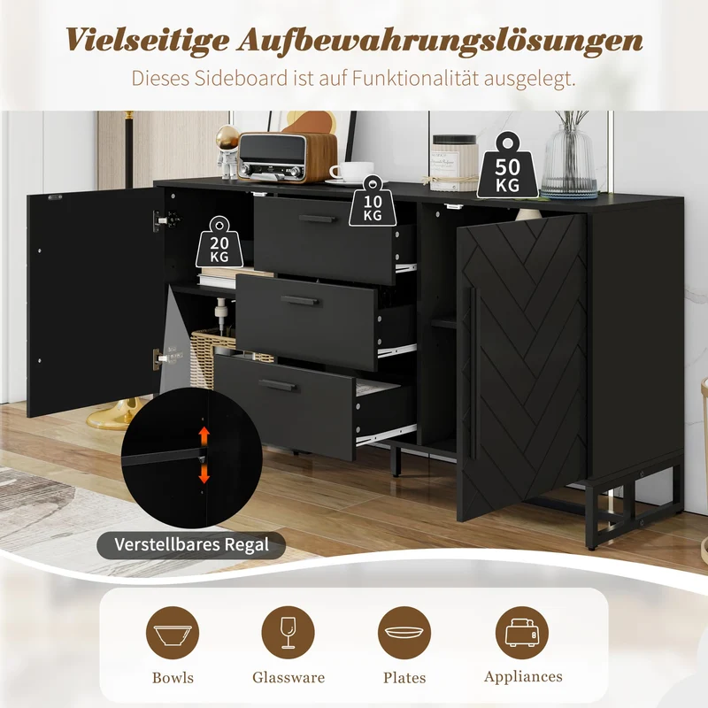 Zepneiy Buffet élégant avec 2 Portes et 3 tiroirs pour Salle à Manger, Cuisine et Salon, Noir