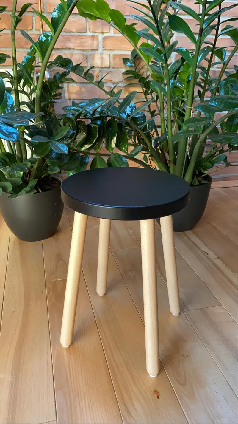 Spec-Wood Tabouret de bar - Tabouret de cuisine - Support de fleurs en bois - Petite table basse - Support pour plantes - Tabouret rond - Noir/hêtre naturel