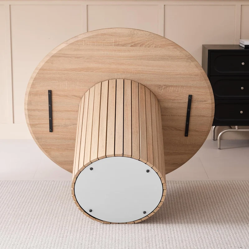 BenyLed Table de Salle à Manger Ronde de 120 cm pour 4-6 Personnes, Table de Cuisine Fermière avec Base Cylindrique, Plateau en MDF et Socle à Lattes en Bois (Grain de Bois Clair)