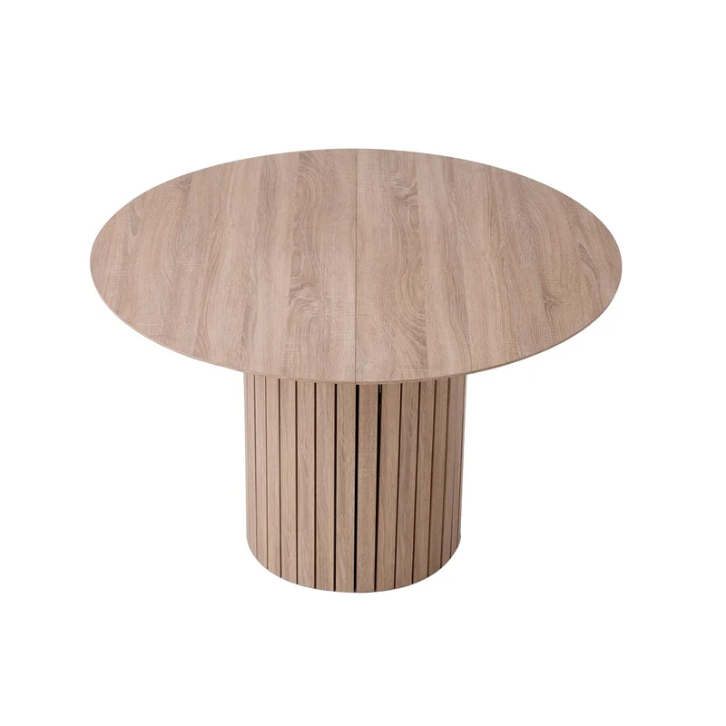 BenyLed Table de Salle à Manger Ronde de 120 cm pour 4-6 Personnes, Table de Cuisine Fermière avec Base Cylindrique, Plateau en MDF et Socle à Lattes en Bois (Grain de Bois Clair)