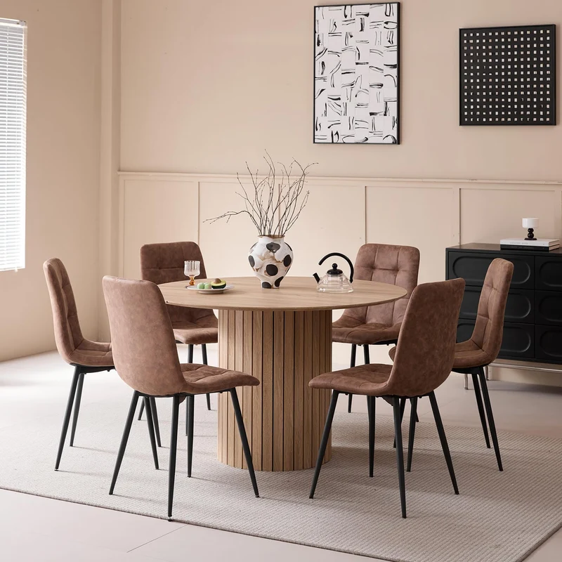 BenyLed Table de Salle à Manger Ronde de 120 cm pour 4-6 Personnes, Table de Cuisine Fermière avec Base Cylindrique, Plateau en MDF et Socle à Lattes en Bois (Grain de Bois Clair)