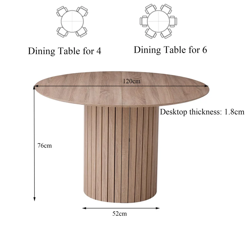 BenyLed Table de Salle à Manger Ronde de 120 cm pour 4-6 Personnes, Table de Cuisine Fermière avec Base Cylindrique, Plateau en MDF et Socle à Lattes en Bois (Grain de Bois Clair)