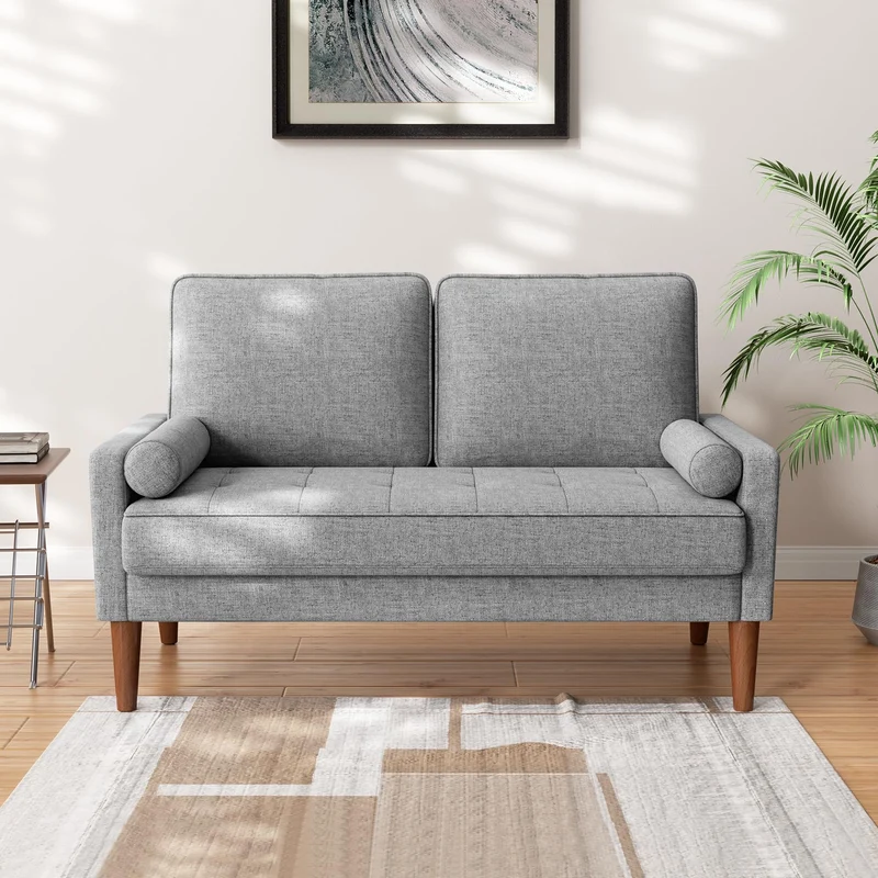 Vesgantti Petit Canapé 2 Places en Lin Gris Clair 121cm, Mini Chambre avec Accoudoirs, Coussin à Ressorts, Salon Moderne, Causeuse Fixe