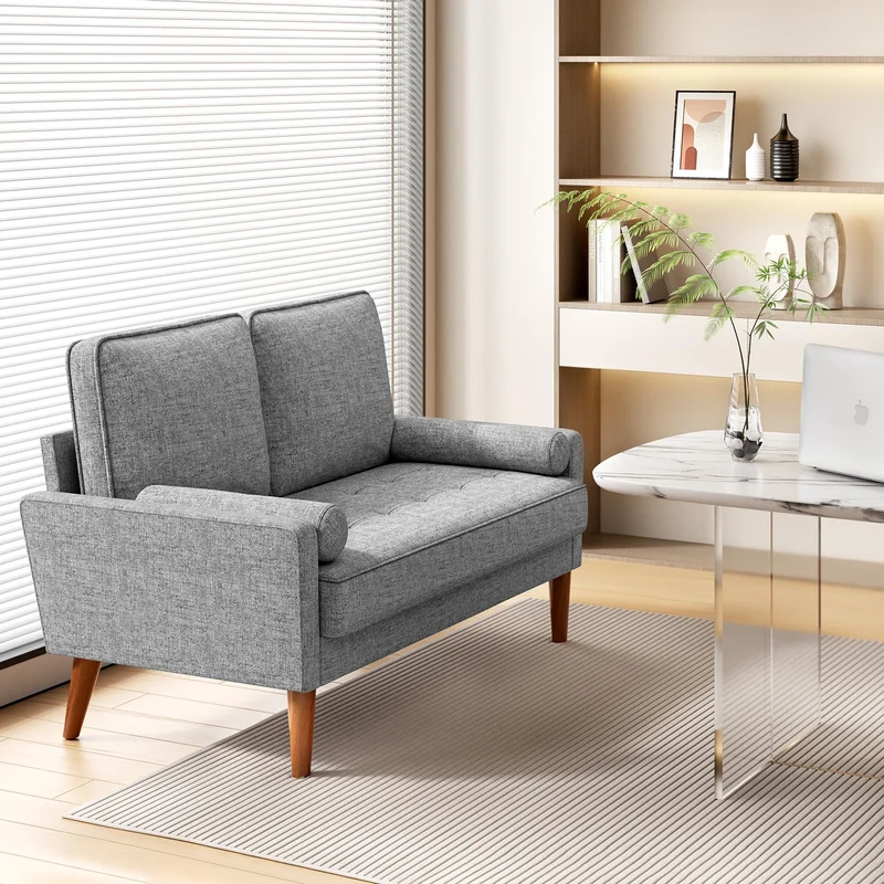Vesgantti Petit Canapé 2 Places en Lin Gris Clair 121cm, Mini Chambre avec Accoudoirs, Coussin à Ressorts, Salon Moderne, Causeuse Fixe