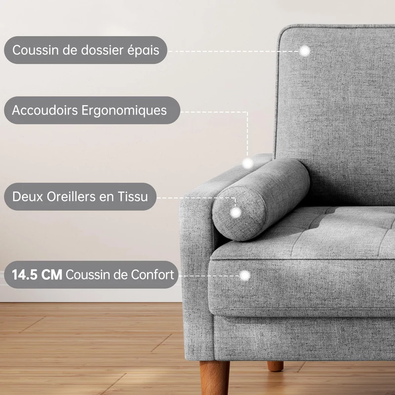 Vesgantti Petit Canapé 2 Places en Lin Gris Clair 121cm, Mini Chambre avec Accoudoirs, Coussin à Ressorts, Salon Moderne, Causeuse Fixe