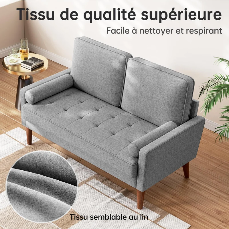 Vesgantti Petit Canapé 2 Places en Lin Gris Clair 121cm, Mini Chambre avec Accoudoirs, Coussin à Ressorts, Salon Moderne, Causeuse Fixe