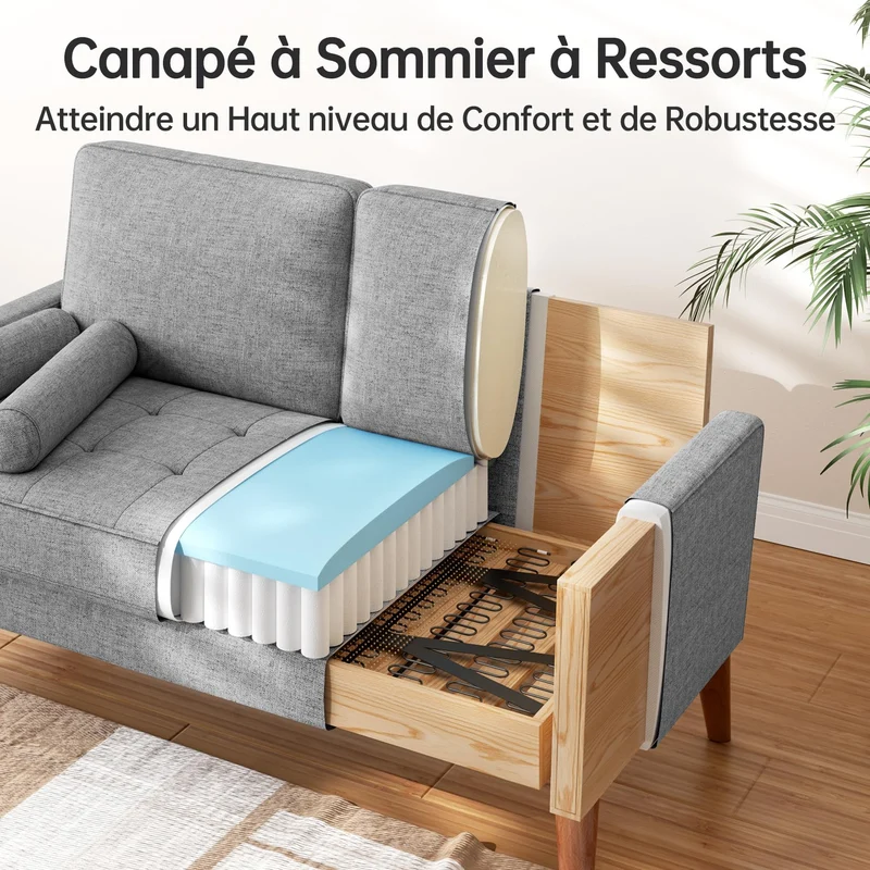 Vesgantti Petit Canapé 2 Places en Lin Gris Clair 121cm, Mini Chambre avec Accoudoirs, Coussin à Ressorts, Salon Moderne, Causeuse Fixe