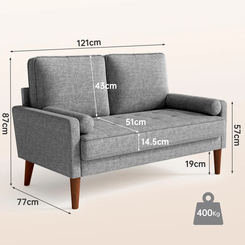 Vesgantti Petit Canapé 2 Places en Lin Gris Clair 121cm, Mini Chambre avec Accoudoirs, Coussin à Ressorts, Salon Moderne, Causeuse Fixe