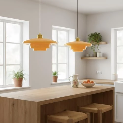 HJXDtech Suspension Luminaire Industriel Vintage en Verre & Finition Or, Grande Lampe Suspendue Moderne E27 pour Salon Salle à Manger Cuisine Chambre (B, 28cm) (Jaune, B 30cm)