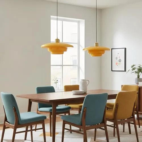 HJXDtech Suspension Luminaire Industriel Vintage en Verre & Finition Or, Grande Lampe Suspendue Moderne E27 pour Salon Salle à Manger Cuisine Chambre (B, 28cm) (Jaune, B 30cm)
