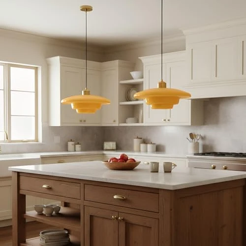 HJXDtech Suspension Luminaire Industriel Vintage en Verre & Finition Or, Grande Lampe Suspendue Moderne E27 pour Salon Salle à Manger Cuisine Chambre (B, 28cm) (Jaune, B 30cm)