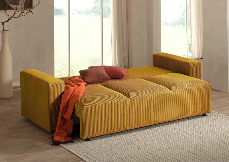 Lisa Design - Canapé Convertible Livy en Velours Côtelé - Canapé Lit - Sofa Jaune 3 Places - Salon