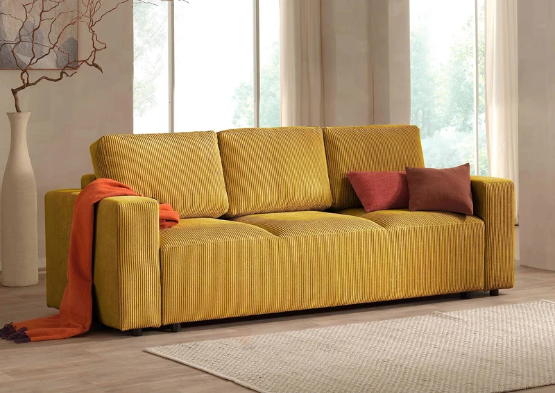Lisa Design - Canapé Convertible Livy en Velours Côtelé - Canapé Lit - Sofa Jaune 3 Places - Salon