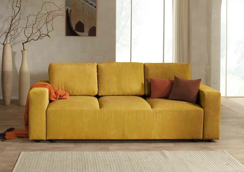 Lisa Design - Canapé Convertible Livy en Velours Côtelé - Canapé Lit - Sofa Jaune 3 Places - Salon