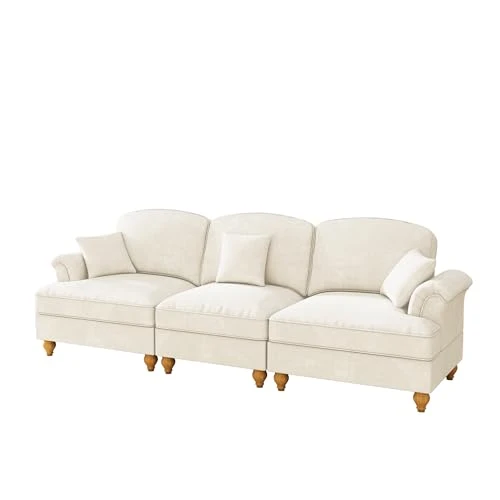 Dolamaní Canapé 3 places, petit format, avec accoudoirs évasés, volant amovible et pieds en bois, canapé 3 places et canapé en tissu chennille pour salon, blanc
