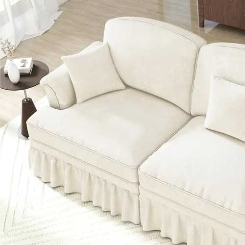 Dolamaní Canapé 3 places, petit format, avec accoudoirs évasés, volant amovible et pieds en bois, canapé 3 places et canapé en tissu chennille pour salon, blanc