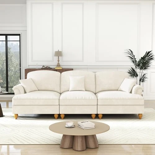 Dolamaní Canapé 3 places, petit format, avec accoudoirs évasés, volant amovible et pieds en bois, canapé 3 places et canapé en tissu chennille pour salon, blanc