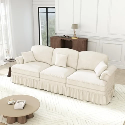 Dolamaní Canapé 3 places, petit format, avec accoudoirs évasés, volant amovible et pieds en bois, canapé 3 places et canapé en tissu chennille pour salon, blanc