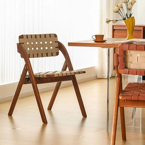 GAOBINGB Chaises de Salle à Manger Pliantes rétro, Chaise Pliable en Bois avec Dossier en Cuir tressé, Chaise sans accoudoirs en Cuir tressé à la Main, chaises d'appoint de Cuisine pour invités, Pet