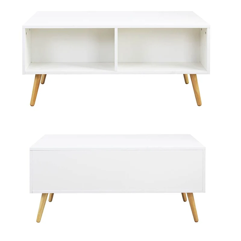 BAKAJI Table de séjour, Salon avec rehausseur, Compartiment de Rangement, Table de Salon Moderne, ouvrable, Blanc, Pieds en Bois, 100 x 60 x 45 cm