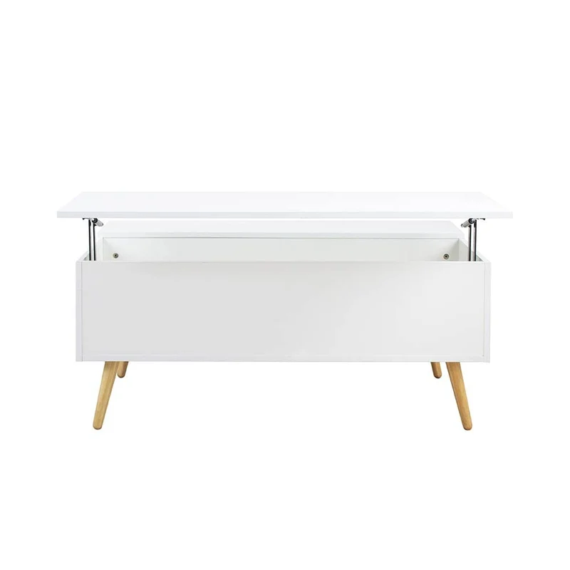 BAKAJI Table de séjour, Salon avec rehausseur, Compartiment de Rangement, Table de Salon Moderne, ouvrable, Blanc, Pieds en Bois, 100 x 60 x 45 cm