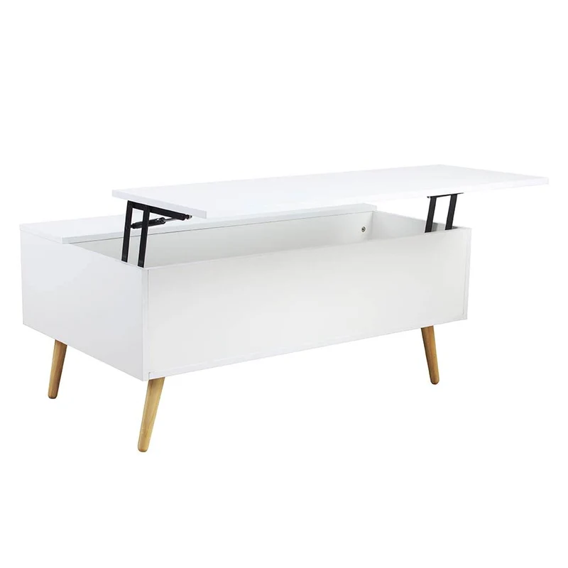 BAKAJI Table de séjour, Salon avec rehausseur, Compartiment de Rangement, Table de Salon Moderne, ouvrable, Blanc, Pieds en Bois, 100 x 60 x 45 cm