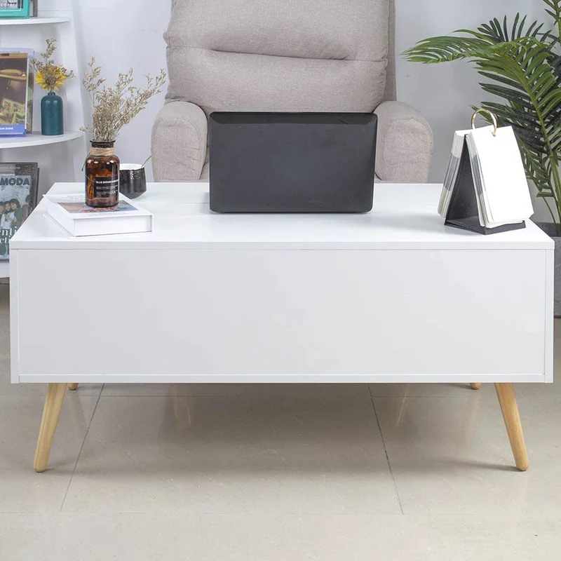 BAKAJI Table de séjour, Salon avec rehausseur, Compartiment de Rangement, Table de Salon Moderne, ouvrable, Blanc, Pieds en Bois, 100 x 60 x 45 cm