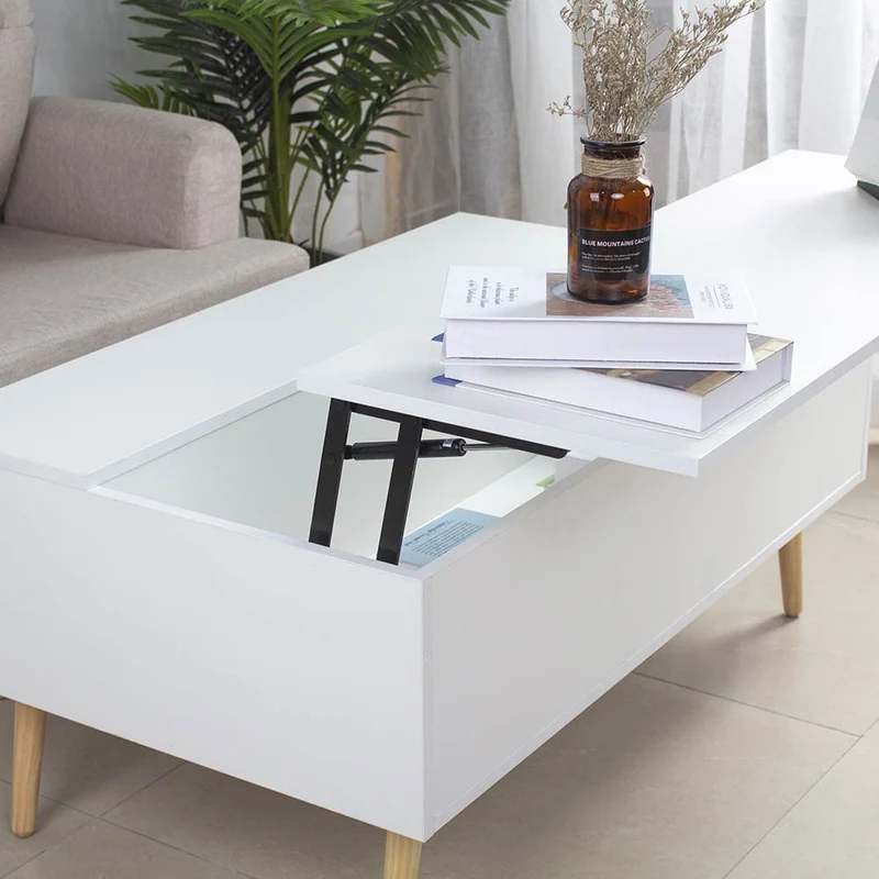 BAKAJI Table de séjour, Salon avec rehausseur, Compartiment de Rangement, Table de Salon Moderne, ouvrable, Blanc, Pieds en Bois, 100 x 60 x 45 cm