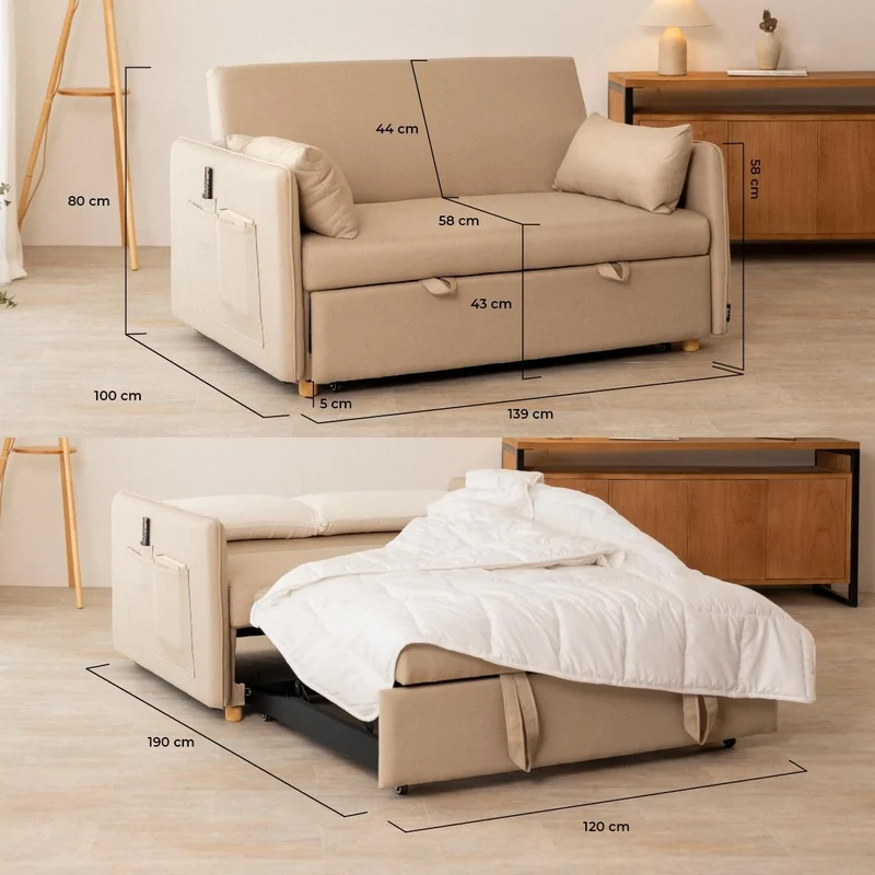 Nalui Nest 2 canapés lit 2 Places 3 en 1 avec Dossier réglable et 2 oreillers, supporte jusqu'à 240 kg, canapé 2 Places Convertible en lit de 120 x 190 cm, Beige