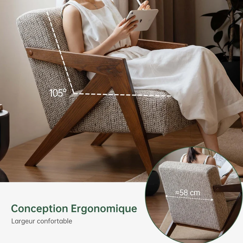 YESWOOD Fauteuil en Bois de Chêne Massif, Design Moderne du Milieu du Siècle, Fauteuil pour Salon, Chambre, 62 x 87 x 78 cm, Noyer
