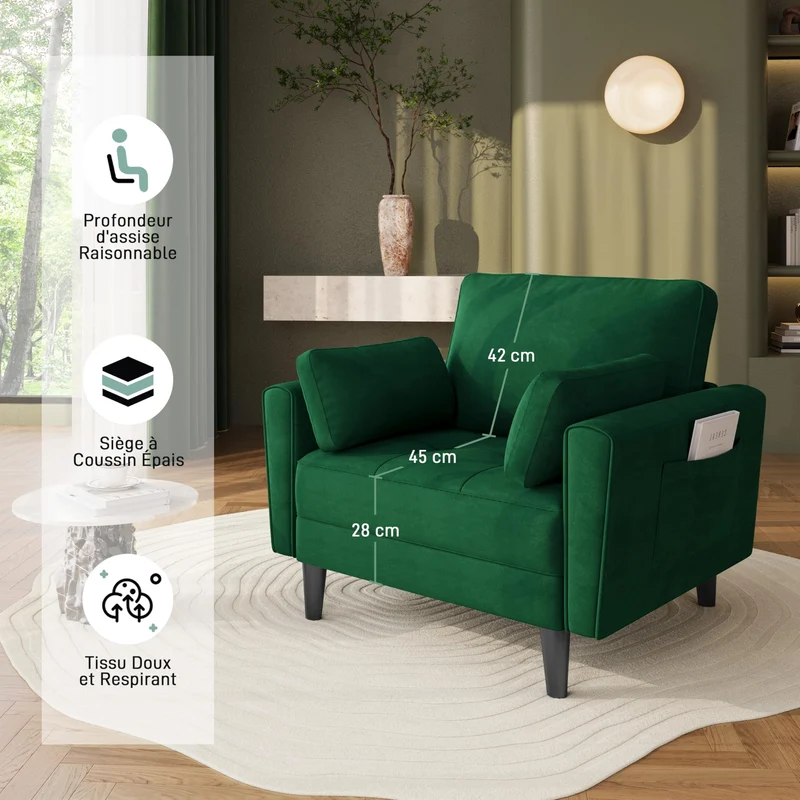 Yaheetech Fauteuil de Salon Moderne avec Accoudoir et Poches Chaise Relax avec Coussins Cadre en Bois Fauteuil Chambre en Tissu pour Salon Vert