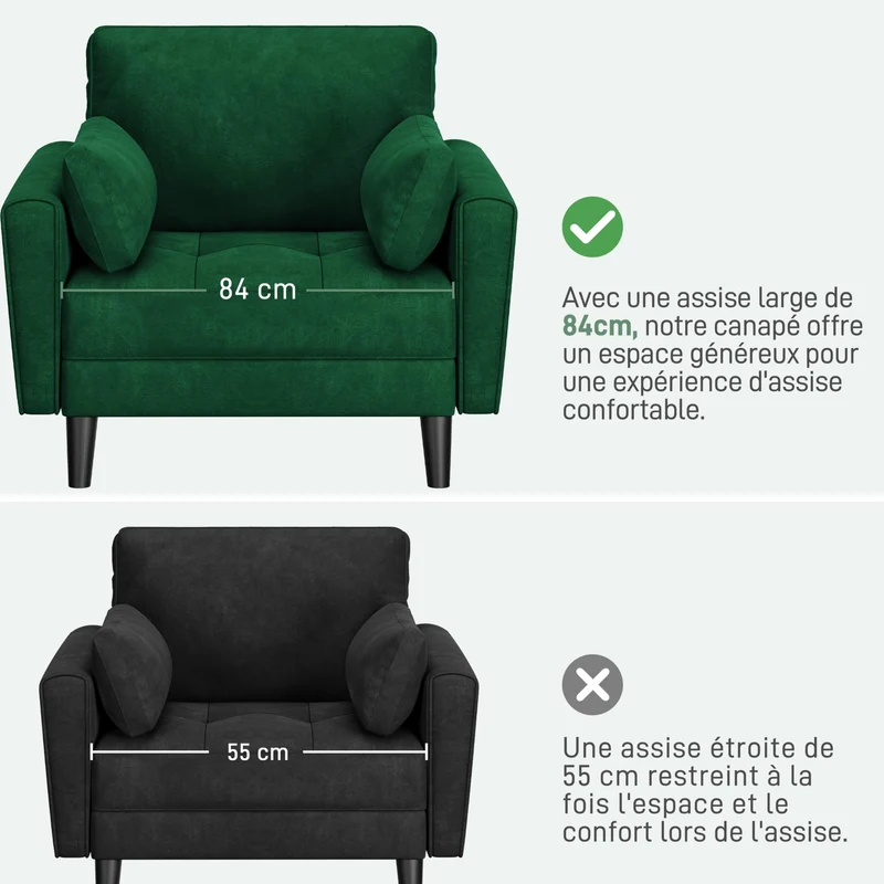 Yaheetech Fauteuil de Salon Moderne avec Accoudoir et Poches Chaise Relax avec Coussins Cadre en Bois Fauteuil Chambre en Tissu pour Salon Vert