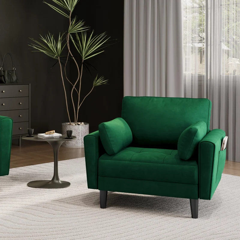 Yaheetech Fauteuil de Salon Moderne avec Accoudoir et Poches Chaise Relax avec Coussins Cadre en Bois Fauteuil Chambre en Tissu pour Salon Vert
