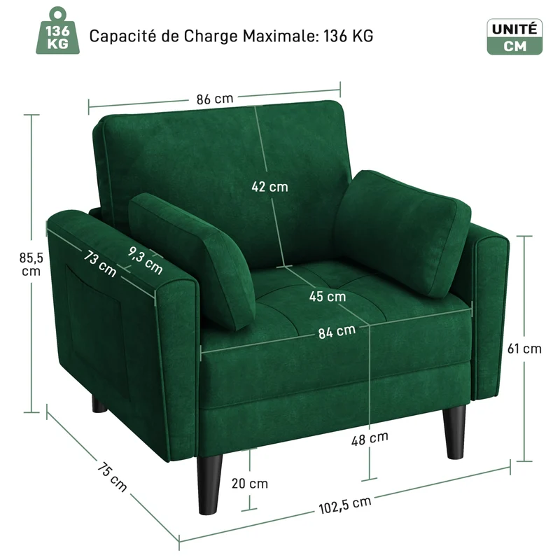 Yaheetech Fauteuil de Salon Moderne avec Accoudoir et Poches Chaise Relax avec Coussins Cadre en Bois Fauteuil Chambre en Tissu pour Salon Vert