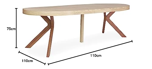 Menzzo Table à Manger Ronde Extensible Avec Pied Central en Métal | Salle à Manger ou Cuisine | Bois, Métal | Myriade | Diamètre 110 cm x H75 cm, Dépliée: L110 x P160-210-260 x H75