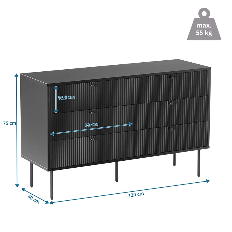 hjh LIVING Buffet 6 tiroirs KARBY S 120x40x75 cm, Commode à tiroirs Style Industriel, Beaucoup d'espace de Rangement, Noir