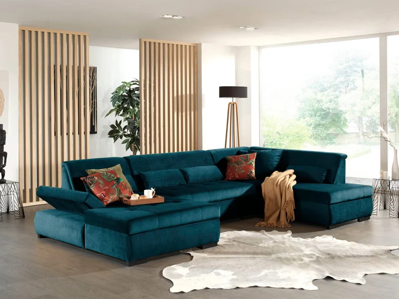 Lisa Design - Canapé Panoramique en U Droit Vermont en Velours - Grand Sofa XXL Bleu Canard 7 Places - Salon