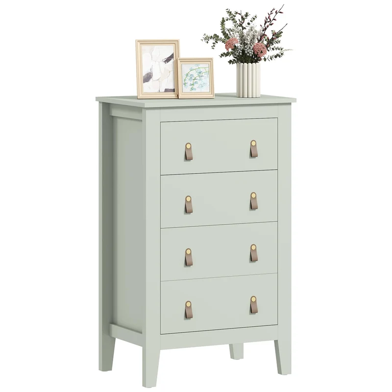 HOMCOM Bedroom Chest of Drawers, Modern 4 Drawer Dresser Cabinet with PU Leather Handles and Metal Runners for Living Room, Hallway, Entryway, Green (Commode Moderne à 4 tiroirs avec poignées en Cuir