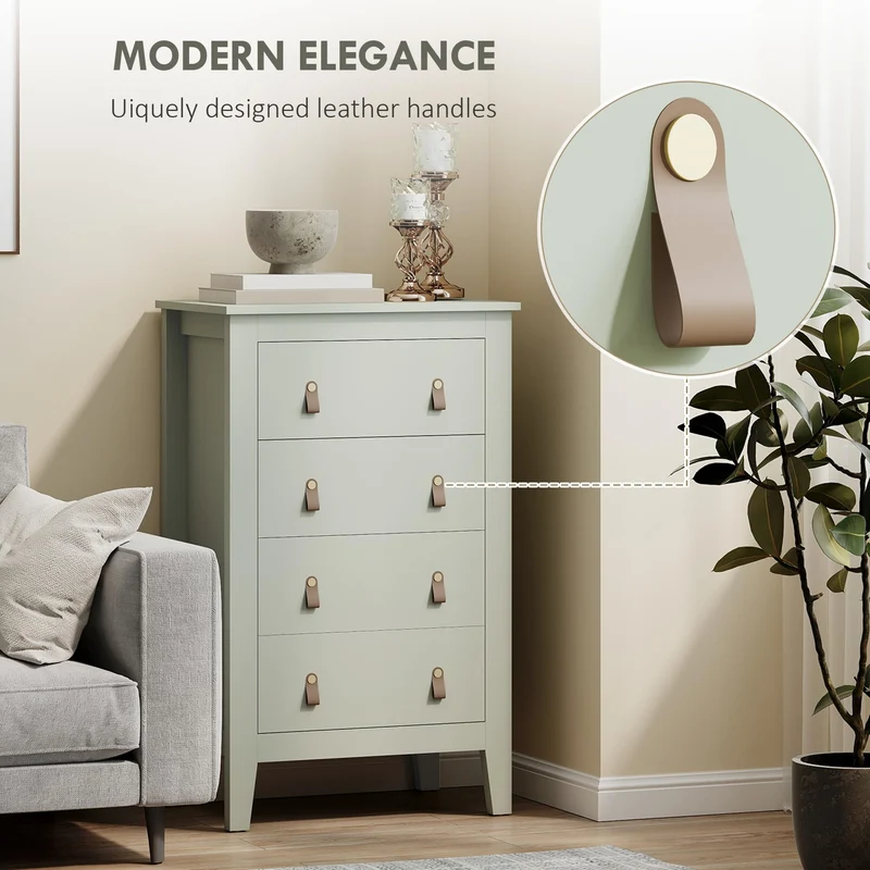 HOMCOM Bedroom Chest of Drawers, Modern 4 Drawer Dresser Cabinet with PU Leather Handles and Metal Runners for Living Room, Hallway, Entryway, Green (Commode Moderne à 4 tiroirs avec poignées en Cuir
