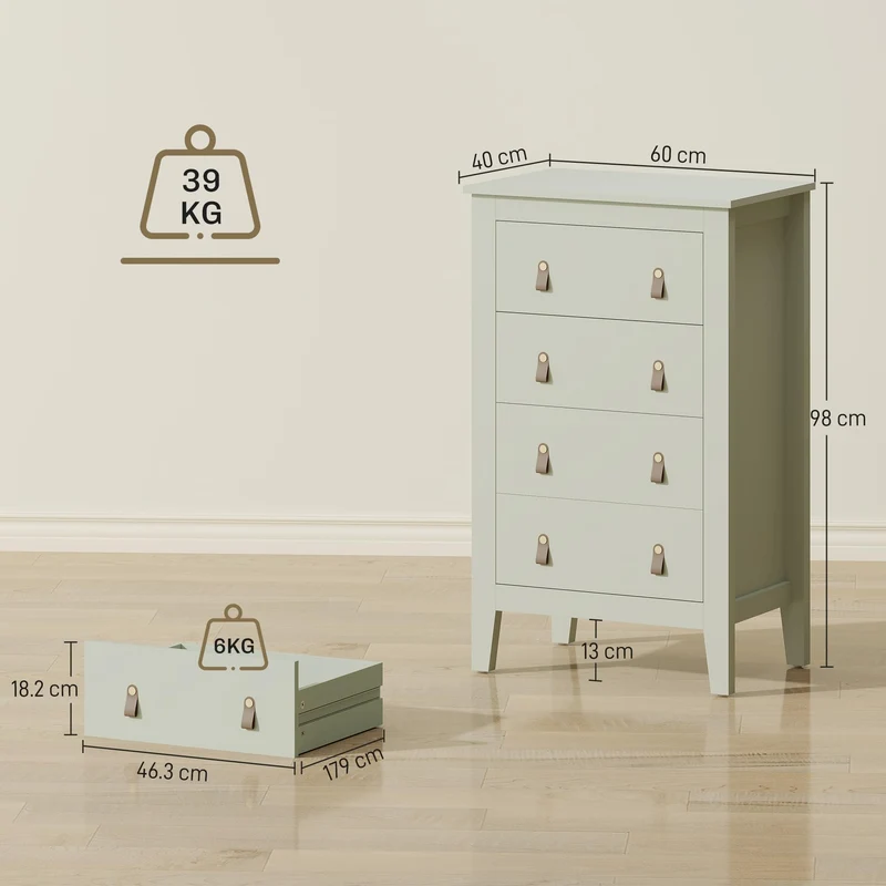 HOMCOM Bedroom Chest of Drawers, Modern 4 Drawer Dresser Cabinet with PU Leather Handles and Metal Runners for Living Room, Hallway, Entryway, Green (Commode Moderne à 4 tiroirs avec poignées en Cuir
