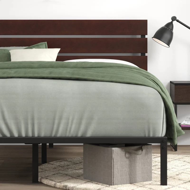 Zinus Figari Sommier en métal avec tête de lit en Bambou | 160 x 200 cm | 31 cm de Hauteur | Tête de lit à Lattes | Support de Lattes en Acier | Facile à Monter | Noir & Marron