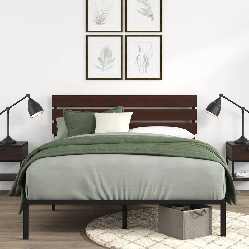 Zinus Figari Sommier en métal avec tête de lit en Bambou | 160 x 200 cm | 31 cm de Hauteur | Tête de lit à Lattes | Support de Lattes en Acier | Facile à Monter | Noir & Marron