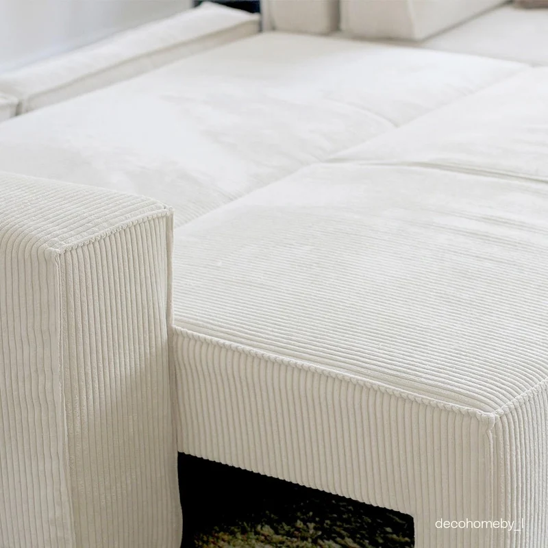 HOMIFAB Canapé d'angle Convertible réversible 5 Places avec Coffre de Rangement en Velours côtelé Beige - Collection Harper, 300 x 84 x 154/101 cm