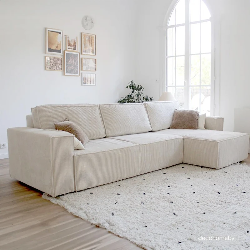HOMIFAB Canapé d'angle Convertible réversible 5 Places avec Coffre de Rangement en Velours côtelé Beige - Collection Harper, 300 x 84 x 154/101 cm