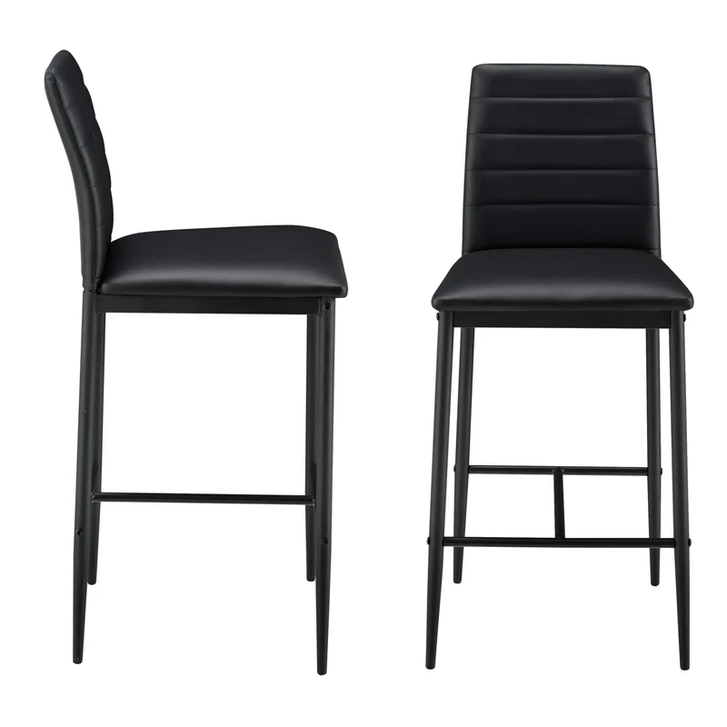 Lot de 2 Tabourets de Bar Chaises Rembourrées PU Similicuir avec Pieds en Acier et Hauteur d'Assise 66 cm Noir