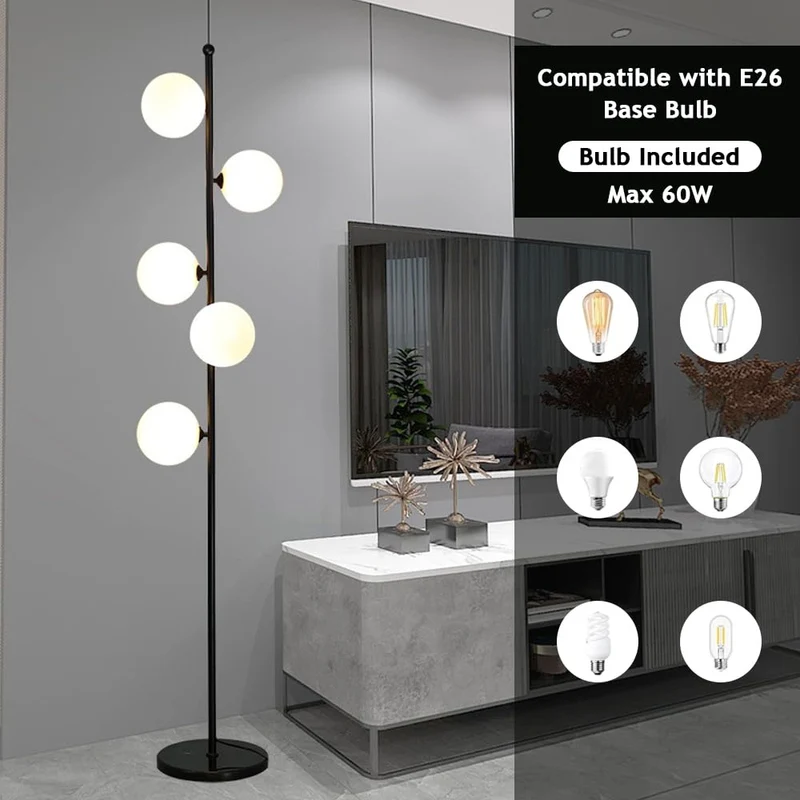 KlkrzJwy Lampadaire Mid Century 5 Lumières 66,9" Globe En Verre Lampadaire Lampe Haute En Verre Dépoli Avec Base En Marbre E26 Dimmable Lampe Sur Pied Pour Salon Bureau Chambre Canapé Coin