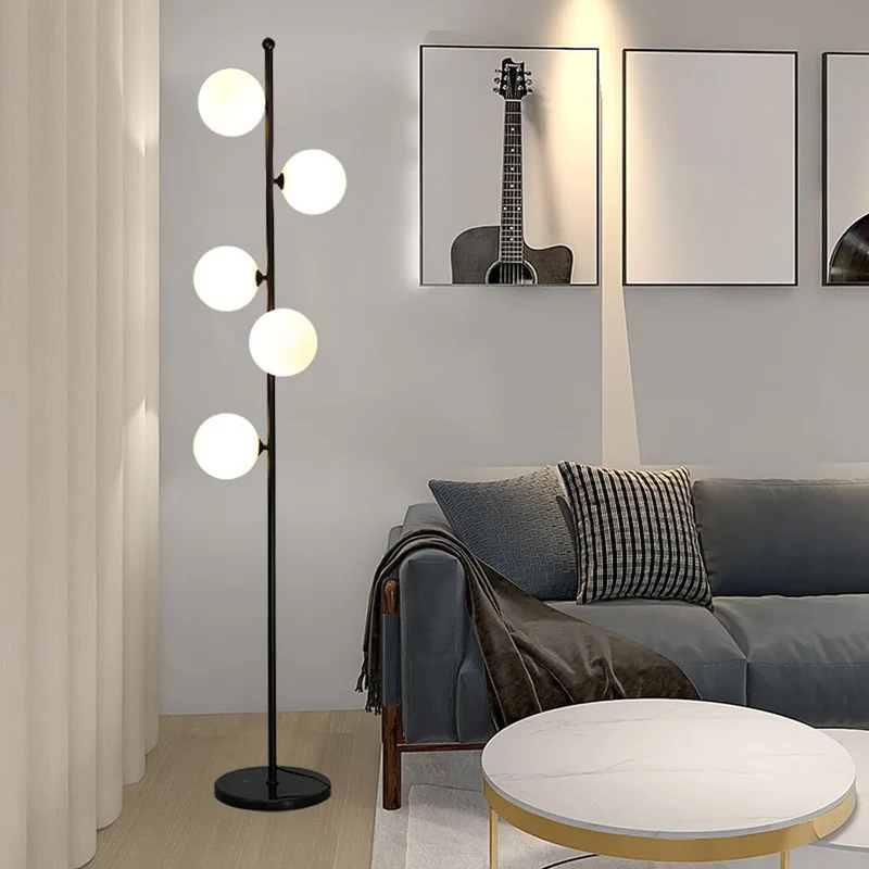 KlkrzJwy Lampadaire Mid Century 5 Lumières 66,9" Globe En Verre Lampadaire Lampe Haute En Verre Dépoli Avec Base En Marbre E26 Dimmable Lampe Sur Pied Pour Salon Bureau Chambre Canapé Coin